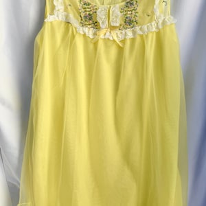 Vintage 60s Chiffon sleeveless Nightgown Babydoll Nightie Short Yellow Dress Embroidered bride present for her