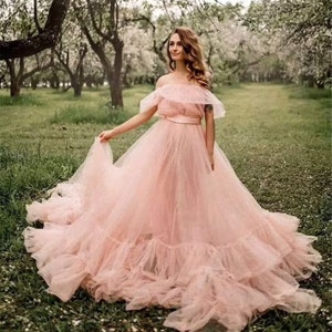 long tulle pink dress , Flying satin dress, Long train dress, Different colors, Wide and long train, Photo shoot dress, Maternity dress