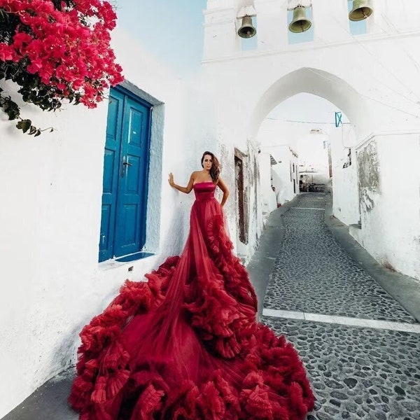 long tulle red  dress , Flying satin dress, Long train dress, Different colors, Wide and long train, Photo shoot dress, Maternity dress