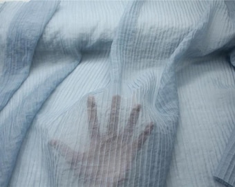 Tela de mezcla de lino y tencel arrugado: Rayas verticales azul caqui, 1,5 m de ancho