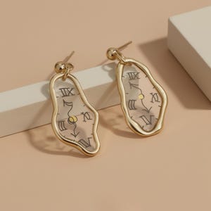 Surreal Melting Clock Dangle Earrings – Gold-Tone Statement Timepiece Jewelry