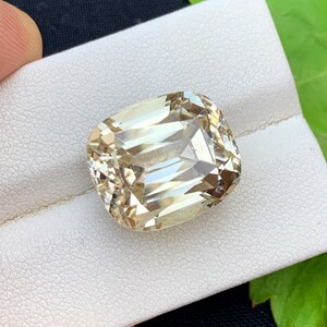 以下が含まれることがあります： 明るいシャンパンカラーの大きなクッションカットの宝石。ファセットが光を反射し、キラキラとした効果を生み出しています。白い表面に置かれ、背景には緑の葉が見えます。