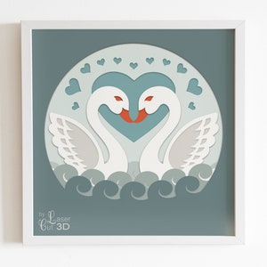 Me encanta la caja de sombras Svg. Caja de sombras de pareja de cisnes 3D. Capa SVG PNG DXF para corte de papel. Archivos de corte en papel multicapa Cricut/Silhouette. Boda / Aves