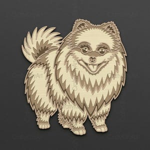 May include: A brown and white cartoon illustration of a Pomeranian dog with a fluffy tail and a happy expression.