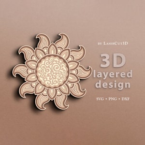 Mandala Sun 3d Svg. Layer SVG PNG DXF for paper cut, laser cut, plywood cutting, Cricut/Silhouette/Glowforge multilayer papercut lasercut