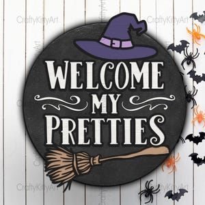 Bem-vindo, meus lindos, sinal Svg. Cabide de porta de Halloween 3D Svg. Camada SVG PNG DXF para corte a laser, Cricut/Silhouette/Glowforge. Placa de porta da frente Svg