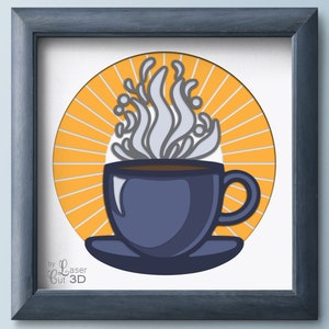 May include: A blue coffee cup with steam rising from it, set against a yellow sunburst background. The text "by Laser Cut 3D" is at the bottom of the image.