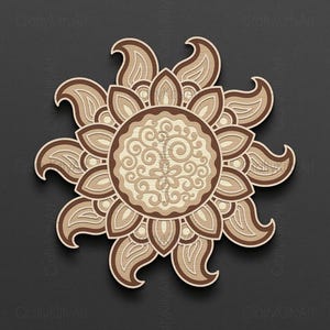May include: A 3D layered design of a brown and beige mandala with a sunburst pattern. The design is labeled "3D layered design" and "SVG, PNG, DXF by Crafty Kitty Art".