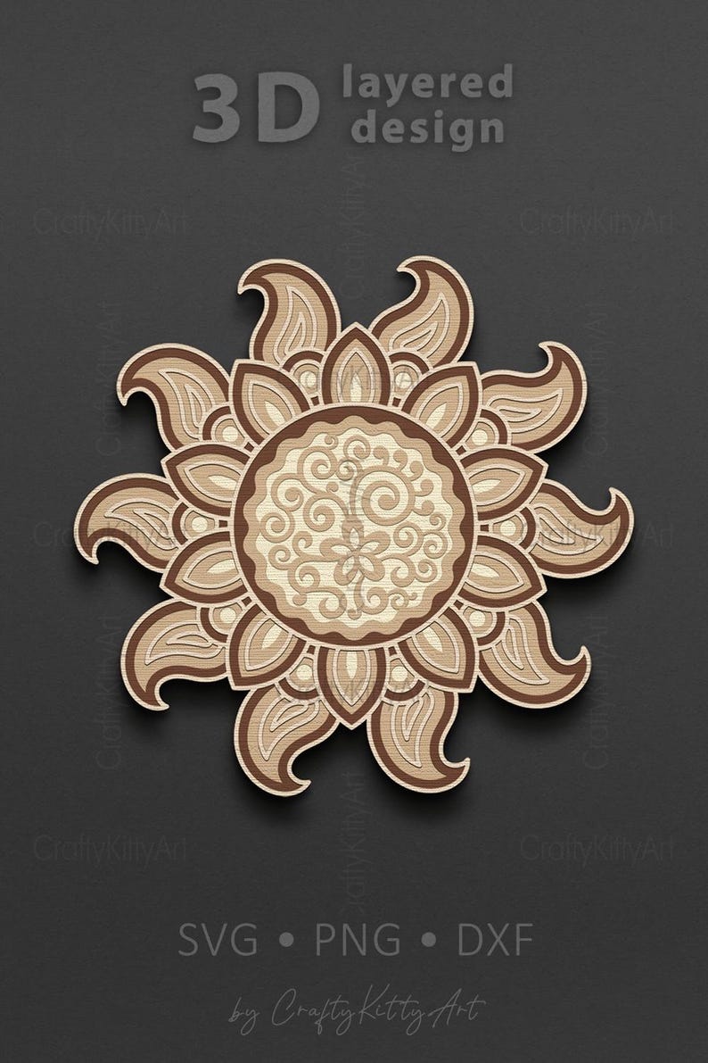 May include: A 3D layered design of a brown and beige mandala with a sunburst pattern. The design is labeled "3D layered design" and "SVG, PNG, DXF by Crafty Kitty Art".