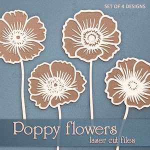 May include: Set of four laser cut poppy flower designs. The flowers are brown with white centers and are set against a blue background. The text "Poppy flowers laser cut files" is at the bottom of the image.