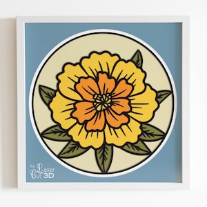 May include: A yellow flower with an orange center, surrounded by green leaves, is depicted in a circular design on a light blue background. The design is framed in a white frame. The text "by Laser Cut 3D" is in the bottom left corner.