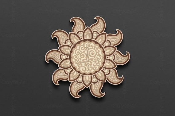 Sun laser Svg. 3d multilayer laser cut. Layer SVG PNG DXF files for Laser cutting, Plywood cutting, Paper cutting. 3D mandala sun design.