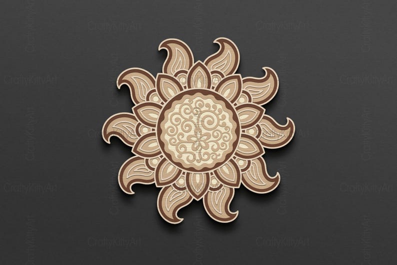 May include: A brown and beige mandala design with intricate details. The mandala is circular and has a floral pattern.
