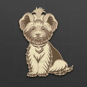 May include: A brown and white Yorkshire Terrier dog with a bow on its head is sitting with its legs crossed. The dog is wearing a collar with a heart charm.