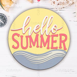 Hello summer Svg. Front door sign Svg. Welcome summer Svg. 3D layered wood, plywood, laser cutting files, Cricut/Silhouette/Glowforge/Plasma