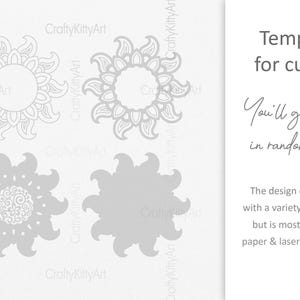 May include: Four mandala designs in gray, perfect for cutting with a paper or laser cutter. The text "Template for cutting" and "You'll get design in random colors" is included in the image.