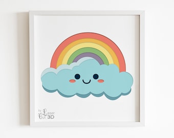 3D shadow box Svg. Rainbow and cloud Shadowbox. Layer SVG PNG DXF for paper cut. Cricut/Silhouette multilayer papercut files. Happy Vibes.