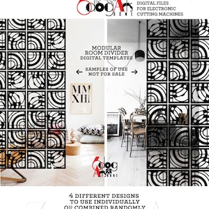 Puede incluir: Cuatro plantillas digitales para un divisor de habitación modular. Los diseños presentan formas geométricas, incluidos círculos, cuadrados y rectángulos, en un esquema de color blanco y negro. El texto "MODULAR ROOM DIVIDER DIGITAL TEMPLATES" se muestra encima de los diseños. El texto "SAMPLES OF USE NOT FOR SALE" se muestra debajo de los diseños.
