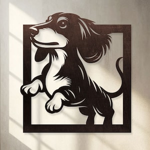 May include: Five dachshund silhouette digital templates for electronic cutting machines. The templates are in black and white and feature a dachshund in various poses. The text '5 Dachshund Wall Decor Digital Templates' is at the bottom of the image.