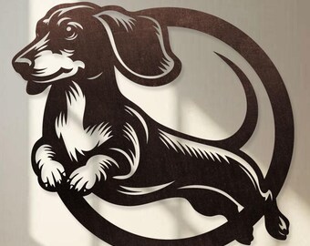 Puede incluir: Plantillas digitales de decoración de pared de perro salchicha en blanco y negro. La imagen muestra un perro salchicha estilizado en un marco circular. El perro está representado en una pose de carrera. La imagen también incluye dos diseños de perro salchicha adicionales.