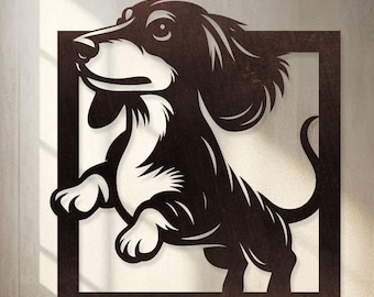 Puede incluir: Diseño de decoración de pared de perro salchicha en blanco y negro. La imagen presenta un recorte de un perro salchicha dentro de un marco cuadrado. El texto "2 DACHSHUND WALL DECOR DIGITAL TEMPLATES" es visible en la parte inferior. El texto superior dice "SVG, DXF, AI, PDF, PNG DIGITAL TEMPLATE FILES FOR ELECTRONIC CUTTING MACHINES."