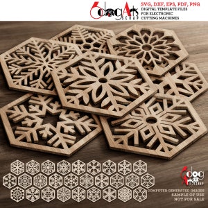28 Snowflake Hexagonal Wood Coaster Trivet Table Decor Templates Vector Digital SVG DXF Files Download Laser Cutting Plasma Cricut JB-1843