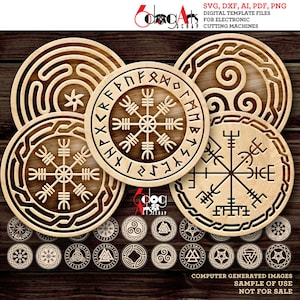 24 Vegvisir Viking boussole design runique, boussole nordique, protection symbole sous-bock fichiers SVG DXF découpés au laser GlowForge Cricut Télécharger JH-283