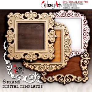 Plantillas de marcos de 6 capas (archivos vectoriales digitales SVG y DXF) para corte de madera, cartón, vinilo, GlowForge, Cricut, corte láser JH-726