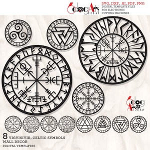 8 Vigvisivir Viking Compas Rune Celtic Wall Decor Modelli digitali File SVG DXF Taglio laser al plasma in metallo Download immediato JB-525