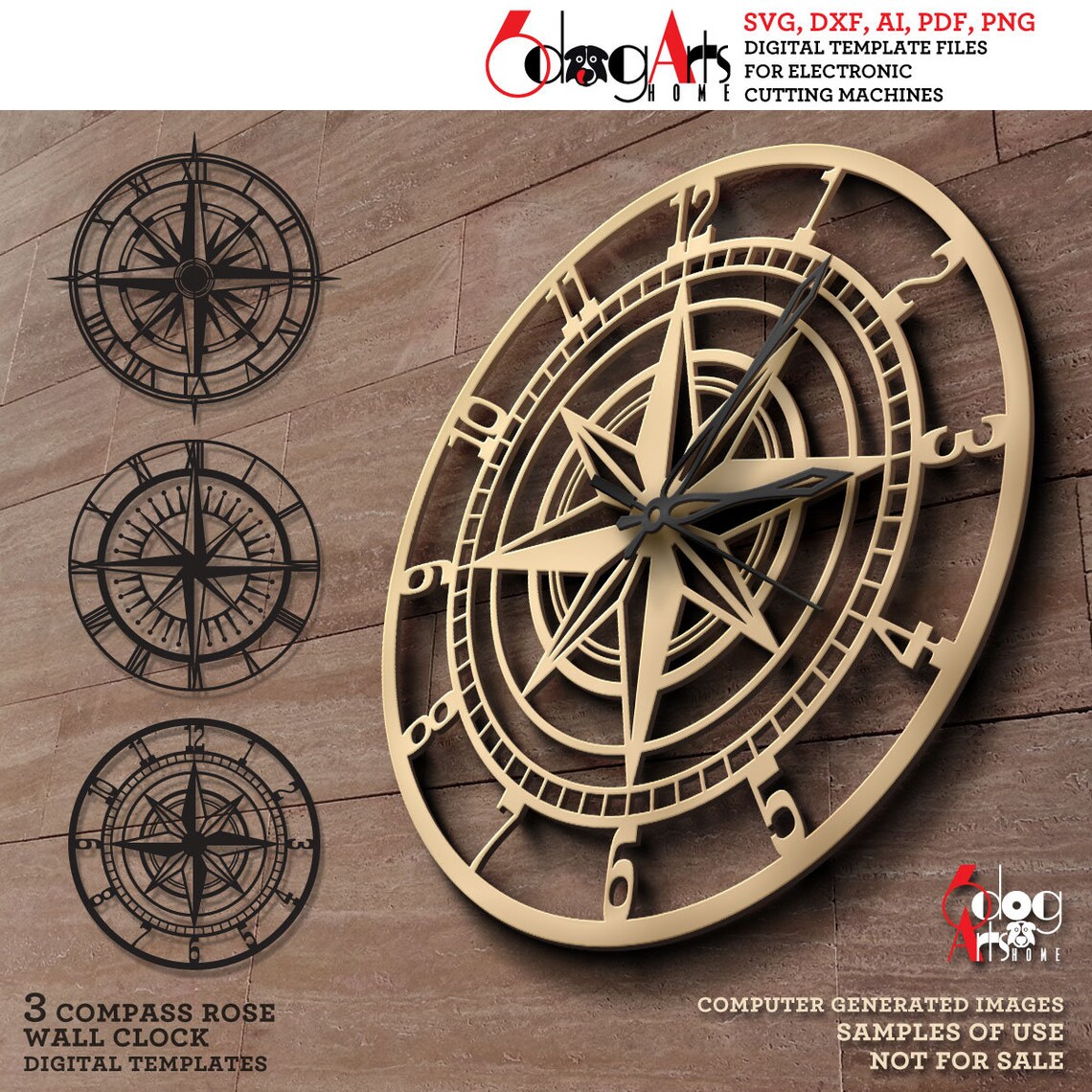 3x Compass Rose Wall Clock SVG DXF Templates Digital Vector Files ...