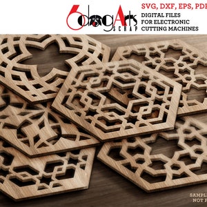 12 zeshoekige Marokkaanse houten metalen onderzetter onderzetter muur decor sjablonen Vector digitale SVG DXF-bestanden download cnc lasersnijden Cricut JB-1390