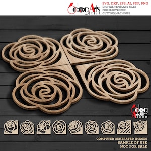 May include: Three wooden rose-shaped coasters with intricate cut-out designs. The coasters are arranged in a triangular shape. The image includes the text "CongArts SCRAP" and "COMPUTER GENERATED IMAGES SAMPLE OF USE NOT FOR SALE".