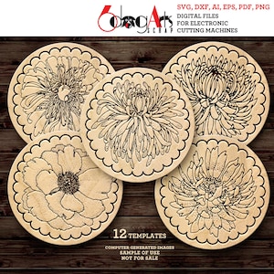 12 plantillas digitales de posavasos florales Archivos vectoriales SVG DXF Corte láser Grabado GlowForge Cricut Descarga instantánea JH-190