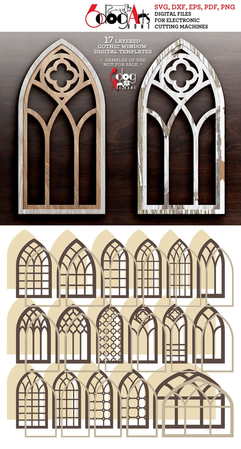 17 Multilayered Gothic Window Templates for GlowForge Laser Cricut CNC Wood Paper Cutting Vector Digital Files Svg Dxf JH-93 