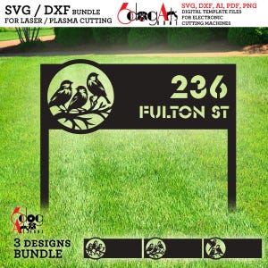 May include: Black metal address sign with the numbers "236" and the text "FULTON ST". The sign features a circular design with three birds perched on a branch. The sign is designed for laser or plasma cutting.