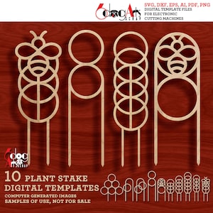 May include: Ten digital templates for plant stakes featuring a bee design. The stakes are made of wood and have a variety of shapes and sizes. The templates are for electronic cutting machines.