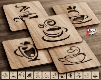 Coffee & Tea Coaster SVG Set, 12 Square Trivet Designs for Laser, Cricut Cutting, JH-191