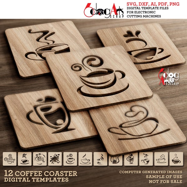 12 Square Coffee Tea Coaster Trivet Wall Decor Templates Vector Digital SVG DXF Files Download Laser Cutting GlowForge Cricut Maker JH-191