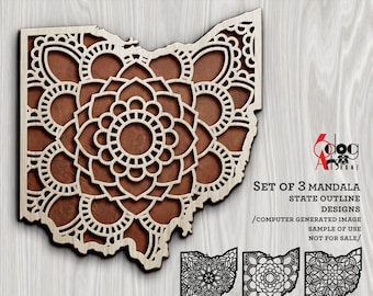 May include: A wooden mandala design in the shape of Ohio, with a detailed floral pattern. The image includes a set of three mandala state outline designs, and text that reads "SVG, DXF, AI, PDF, PNG DIGITAL TEMPLATE FILES FOR ELECTRONIC CUTTING MACHINES."