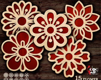 May include: A selection of laser-cut flower templates for coasters and home decor. The designs have a layered construction with a red backing and a light wood-coloured top layer. The image includes the text "SVG/DXF BUNDLE" and "15 FLOWER LAYERED TEMPLATES".