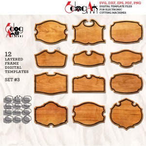 Juego de 12 plantillas de marcos en capas, 3 archivos SVG DXF digitales vectoriales para corte de madera, cartón, vinilo, GlowForge, Cricut, corte láser con cuchillo JH-66