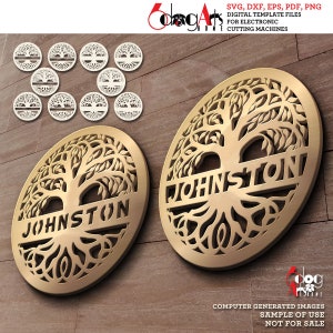 May include: A digital template file for an intricate tree design with the name "JOHNSTON" incorporated into the branches. The design is perfect for use with electronic cutting machines.