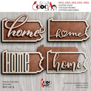 May include: Set of four digital cut files featuring the word "home" in a variety of styles, each design is shaped like the outline of the state of Pennsylvania. The files are for use with electronic cutting machines.  SVG, DXF, EPS, PDF, PNG.