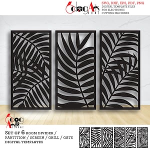 6 feuilles tropicales, décoration murale florale, séparation de pièce, modèles d'écran de confidentialité, fichiers numériques Svg Dxf, découpe laser plasma, CNC JB-348