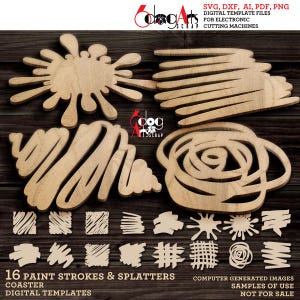 May include: 16 digital templates for paint strokes and splatters, perfect for creating coasters. The designs are computer generated and include a variety of shapes and sizes.