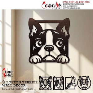 4x Boston Terrier Wand Dekor Digitale Vorlagen SVG DXF Dateien Sofortiger Download Laser Glow Forge Cnc Fräser Cricut Metall Papierschnitt JH-547