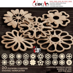 May include: Twenty digital templates for flower coasters. The templates are in SVG, DXF, EPS, AI, PDF, and PNG formats. The image shows a sample of the coasters, which are made of wood and have a floral design.