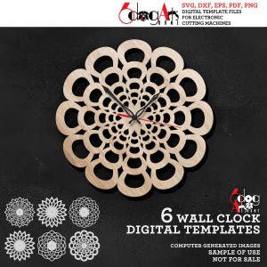 May include: A wooden wall clock with a floral design. The clock has black hands and a red second hand. The image also includes six digital templates of wall clocks. Text on the image reads "6 Wall Clock Digital Templates".