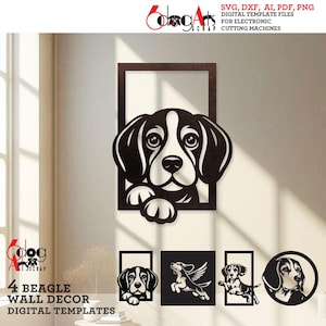 4x Beagle Wand Dekor Digitale Vorlagen SVG DXF Dateien Sofortiger Download Laser Glow Forge Cnc Fräser Cricut Metall Papierschnitt JH-546