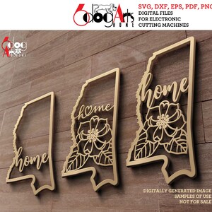 May include: Three digital cut files of the state of Alabama with the word "home" inside. The files are for electronic cutting machines. The files are in SVG, DXF, EPS, PDF, and PNG formats.